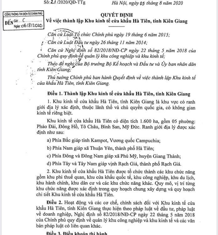KHU KINH TẾ CỬA KHẨU HÀ TIÊN CHÍNH THỨC ĐƯỢC THÀNH LẬP